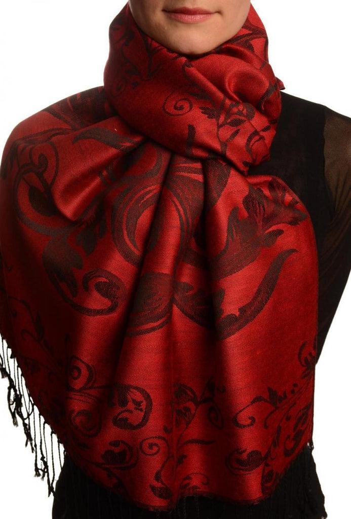 Liss Kiss Fern Leaves On Red Pashmina With Tassels - Scarf