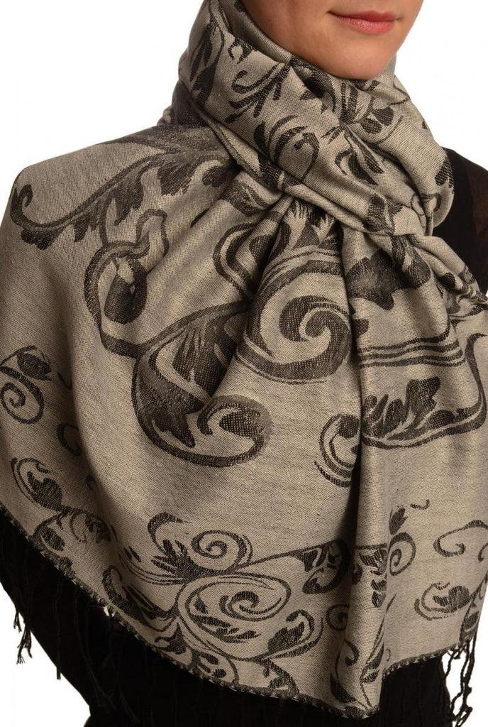 Liss Kiss Fern Leaves On Silver Grey Pashmina With Tassels - Scarf