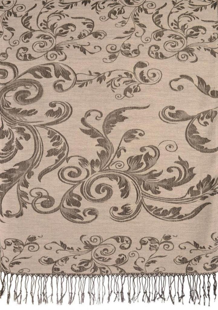 Liss Kiss Fern Leaves On Silver Grey Pashmina With Tassels - Scarf