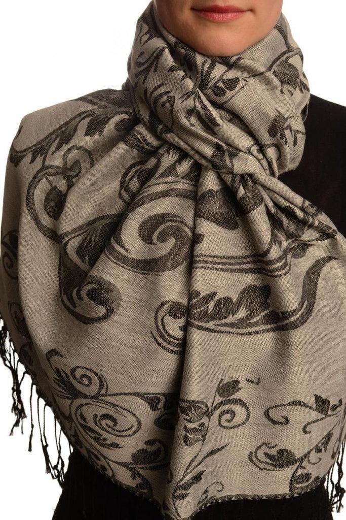 Liss Kiss Fern Leaves On Silver Grey Pashmina With Tassels - Scarf
