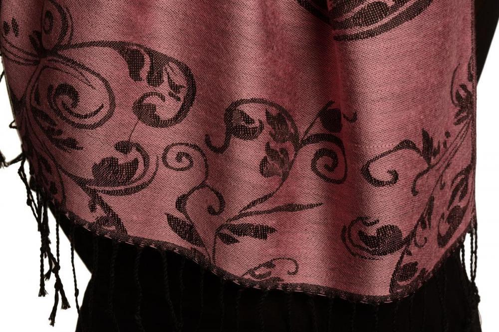 Liss Kiss Fern Leaves On Thulian Pink Pashmina With Tassels - Scarf