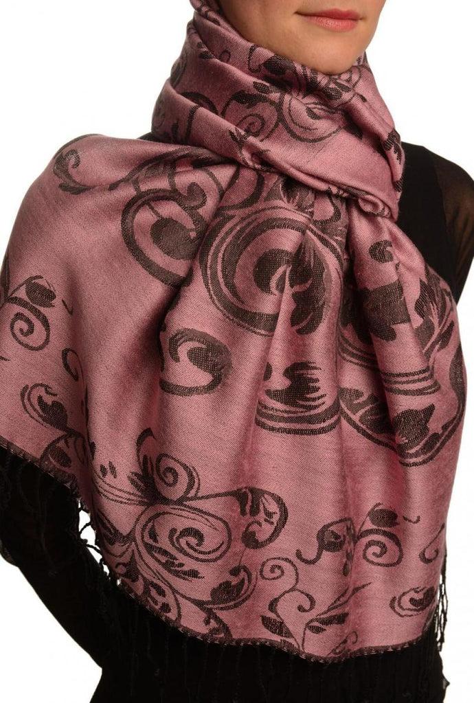 Liss Kiss Fern Leaves On Thulian Pink Pashmina With Tassels - Scarf
