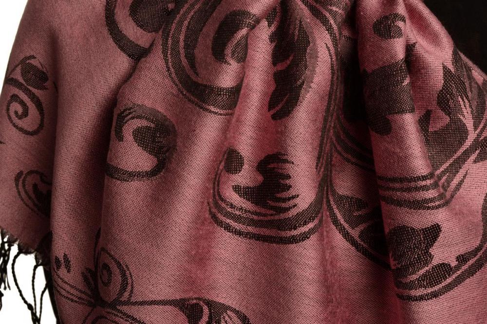 Liss Kiss Fern Leaves On Thulian Pink Pashmina With Tassels - Scarf