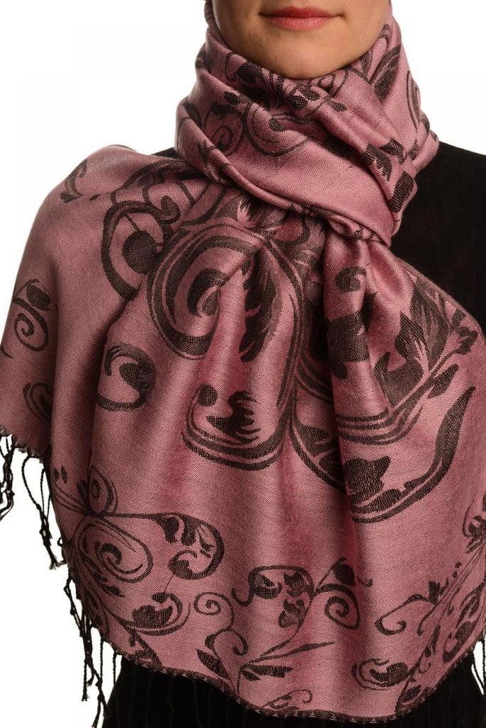 liss kiss Fern Leaves On Thulian Pink Pashmina With Tassels - Scarf