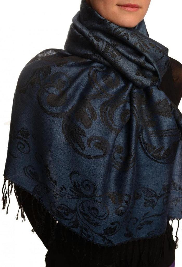 Liss Kiss Fern Leaves On Yale Blue Pashmina With Tassels - Scarf