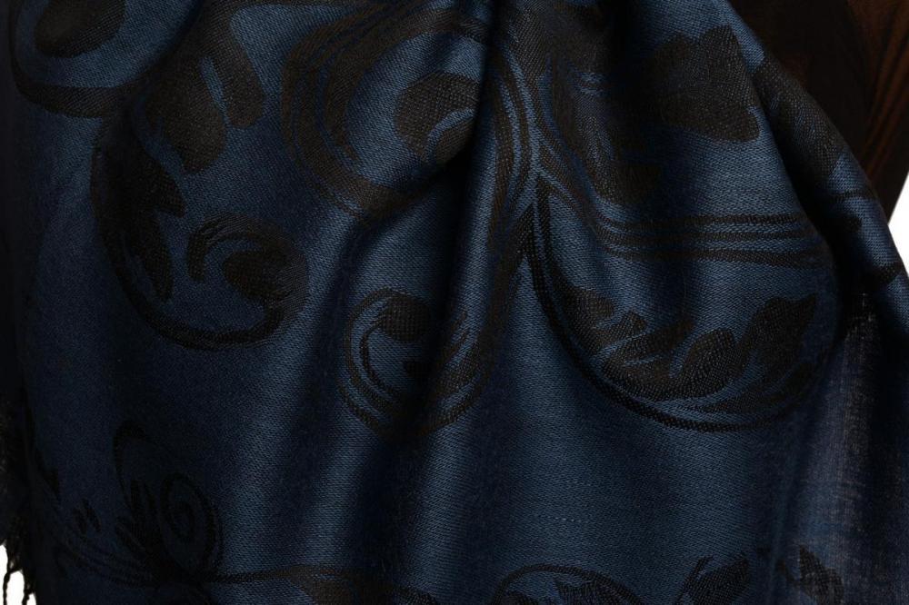 Liss Kiss Fern Leaves On Yale Blue Pashmina With Tassels - Scarf