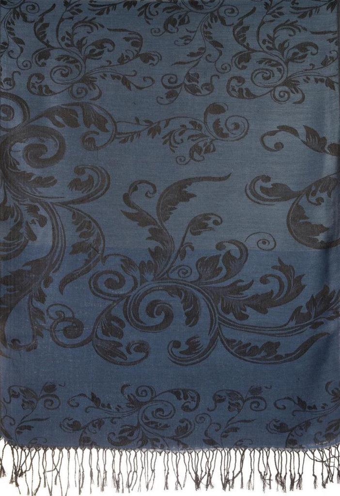 Liss Kiss Fern Leaves On Yale Blue Pashmina With Tassels - Scarf