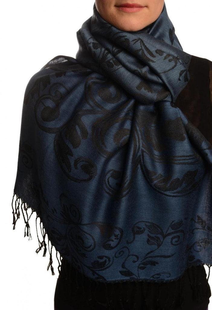 liss kiss Fern Leaves On Yale Blue Pashmina With Tassels - Scarf