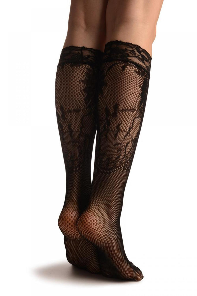 Liss Kiss Fishnet With Rounded Floral Panels Black Lace Knee High Socks - Socks