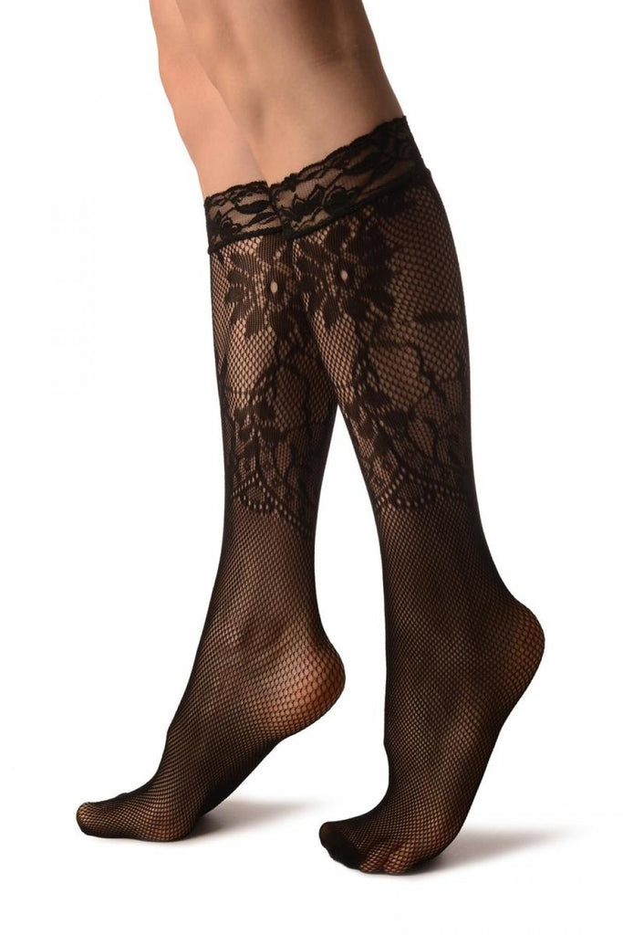 Liss Kiss Fishnet With Rounded Floral Panels Black Lace Knee High Socks - Socks