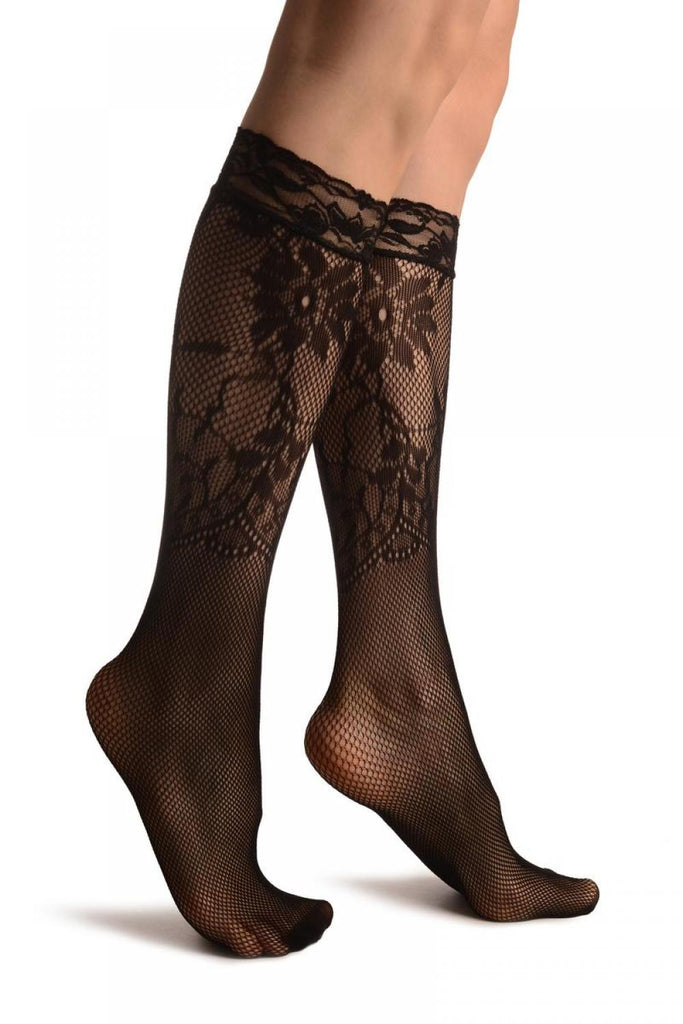 liss kiss Fishnet With Rounded Floral Panels Black Lace Knee High Socks - Socks