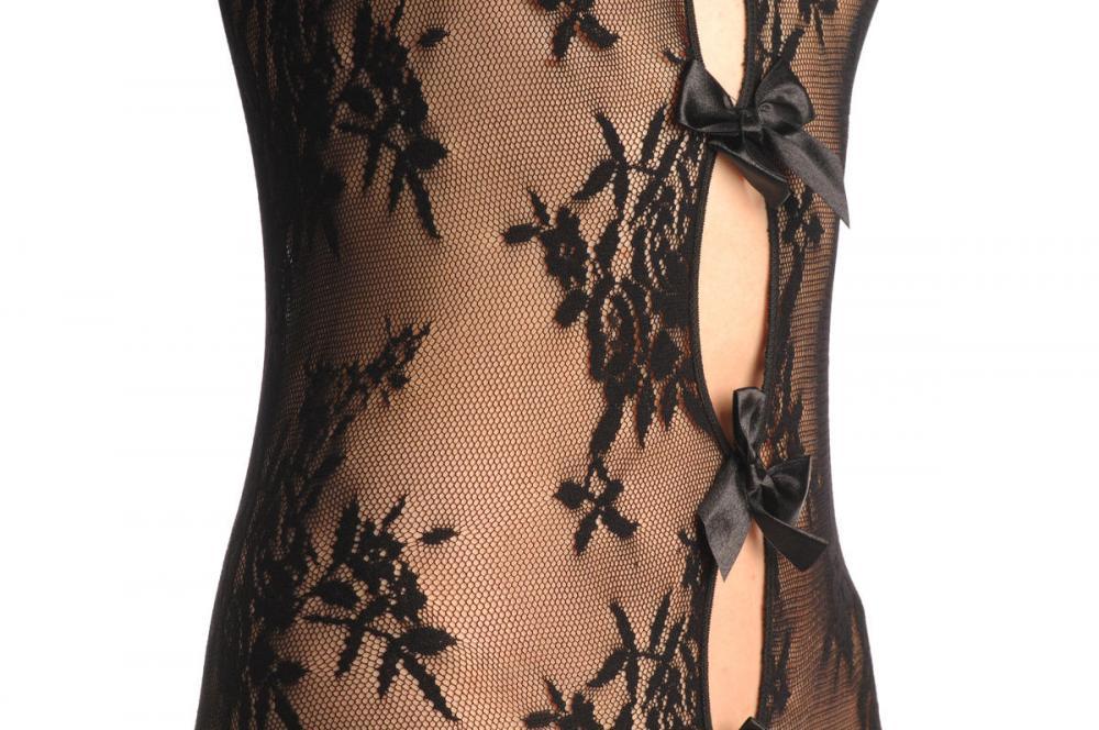 Liss Kiss Floral Lace Bodystocking With Straps & Bows At The Front - Bodystocking