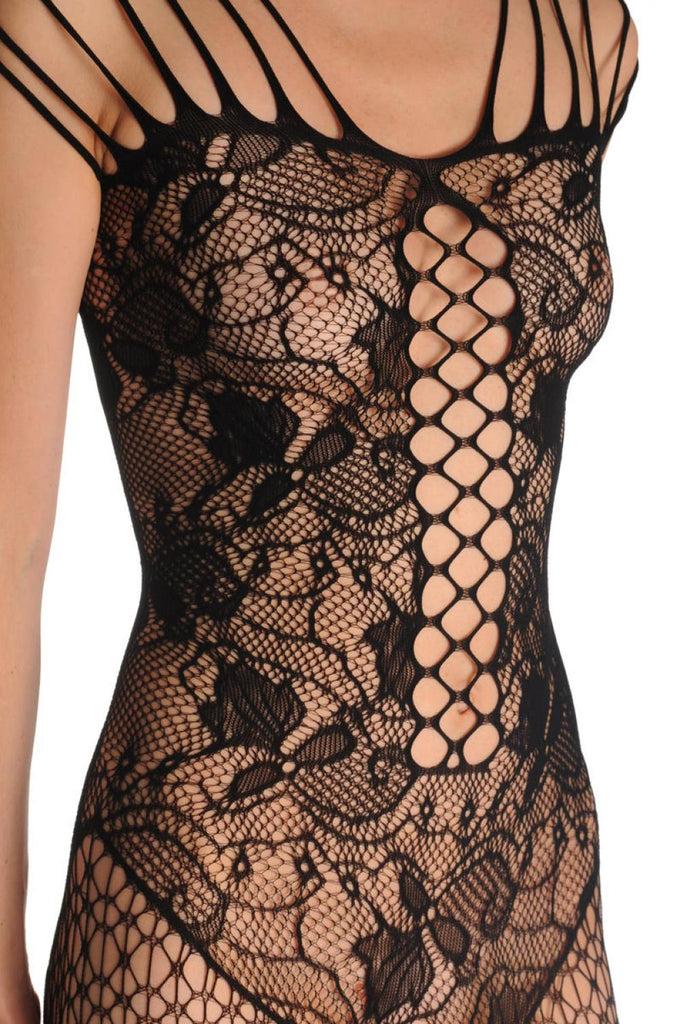 Liss Kiss Floral Lace Corset With Straps And Geometrical Lace Legs - Bodystocking