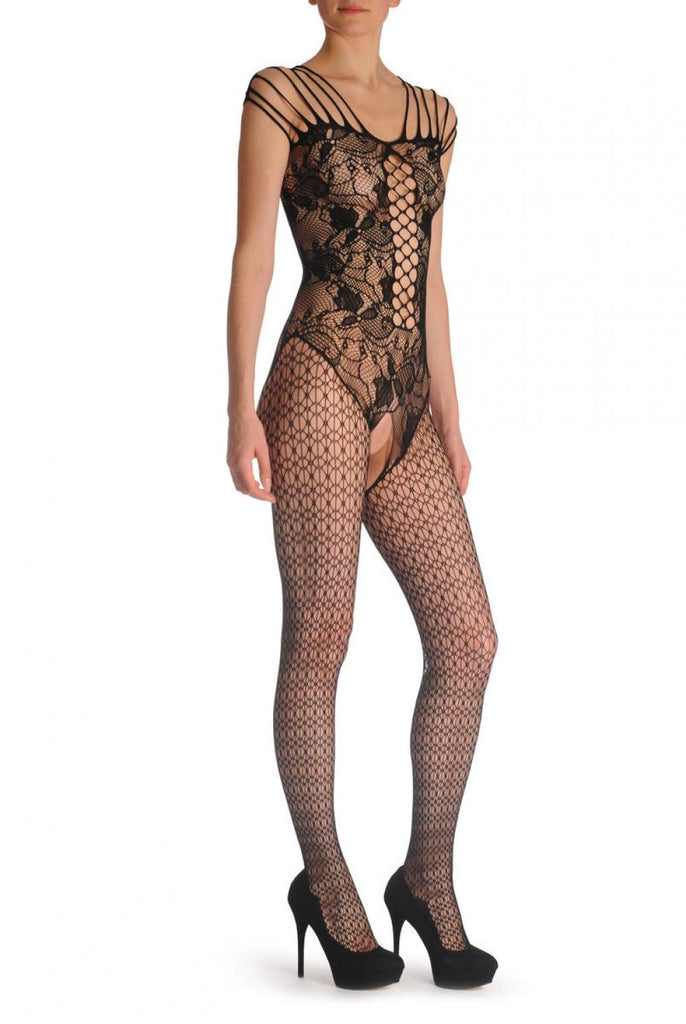 Liss Kiss Floral Lace Corset With Straps And Geometrical Lace Legs - Bodystocking