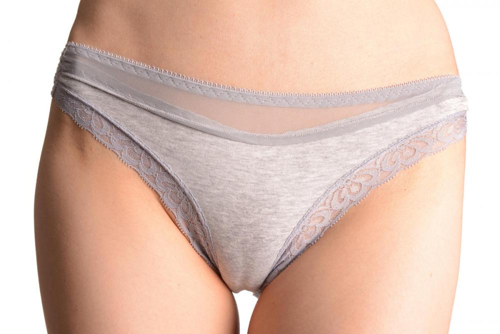 liss kiss Floral Lace Cotton & Plain Mesh Stripe Grey High Leg Brazilian - Knickers