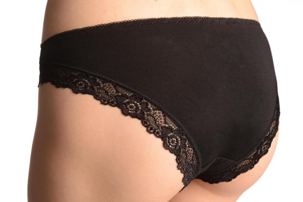 Liss Kiss Floral Lace Front & Soft Cotton Back Black High Leg Brazilian - Knickers