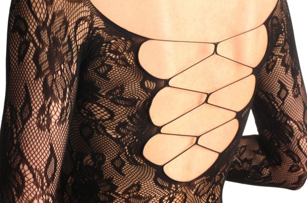 Liss Kiss Floral Lace Suspender With Quarter Sleeves & Line On Holes - Bodystocking