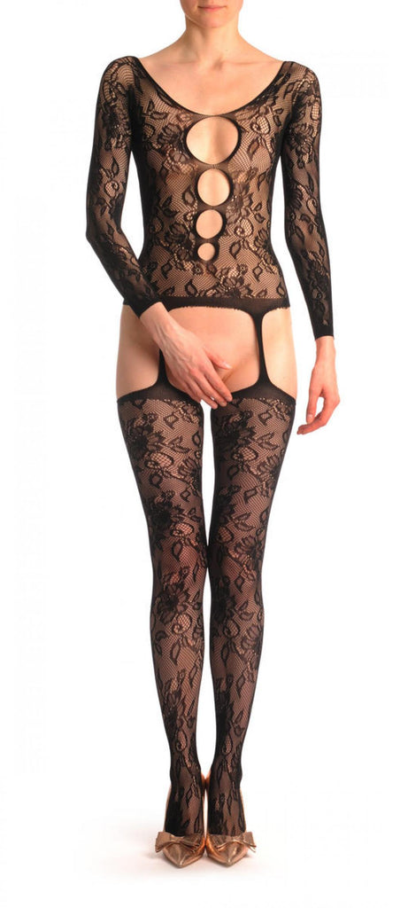 liss kiss Floral Lace Suspender With Quarter Sleeves & Line on Holes - Bodystocking