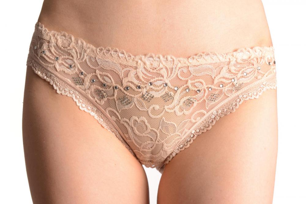 liss kiss Floral Lace With Crystals Shapes & Cotton Back Beige High Leg Brazilian - Knickers
