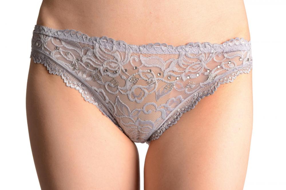 liss kiss Floral Lace With Crystals Shapes & Cotton Back Grey High Leg Brazilian - Knickers