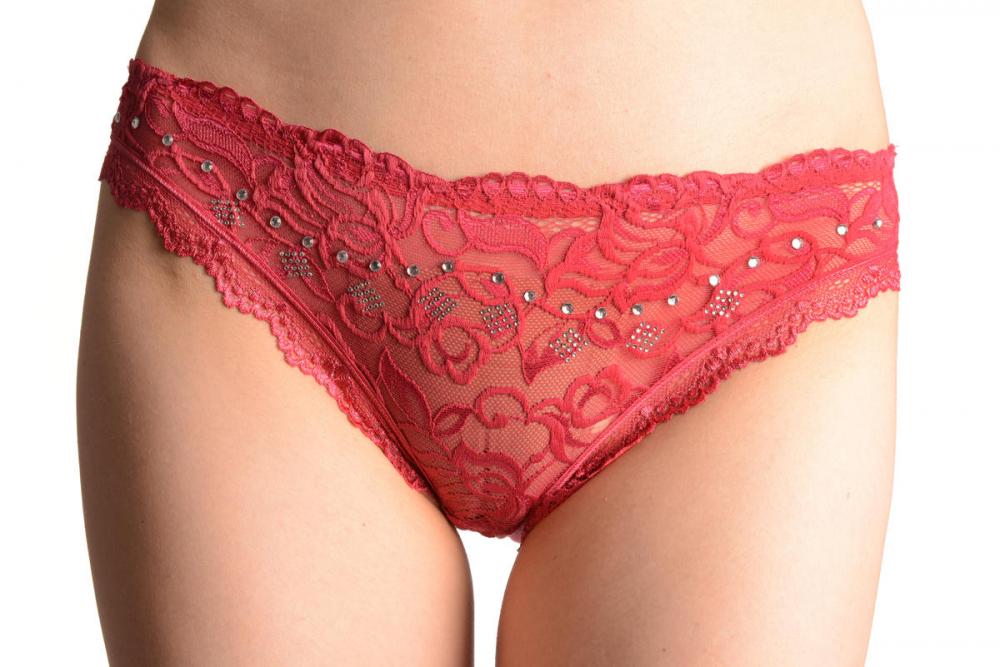 liss kiss Floral Lace With Crystals Shapes & Cotton Back Red High Leg Brazilian - Knickers