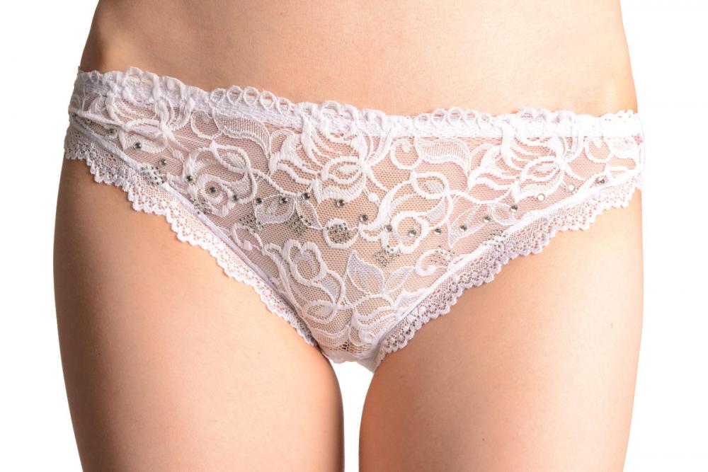 liss kiss Floral Lace With Crystals Shapes & Cotton Back White High Leg Brazilian - Knickers