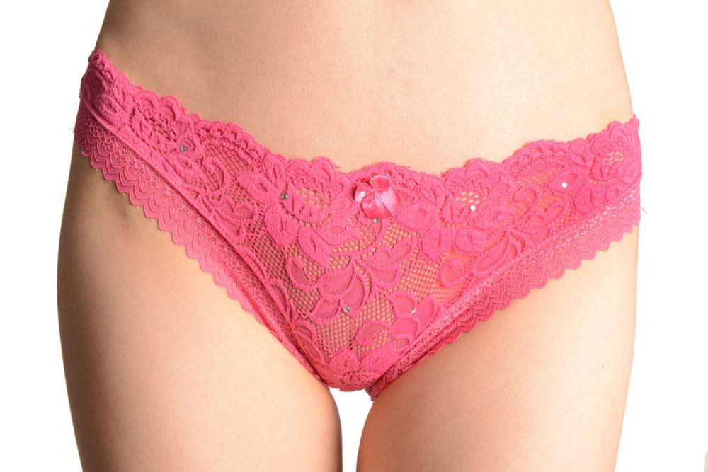 liss kiss Floral Lace With Crystals & Soft Cotton Back Pink High Leg Brazilian - Knickers