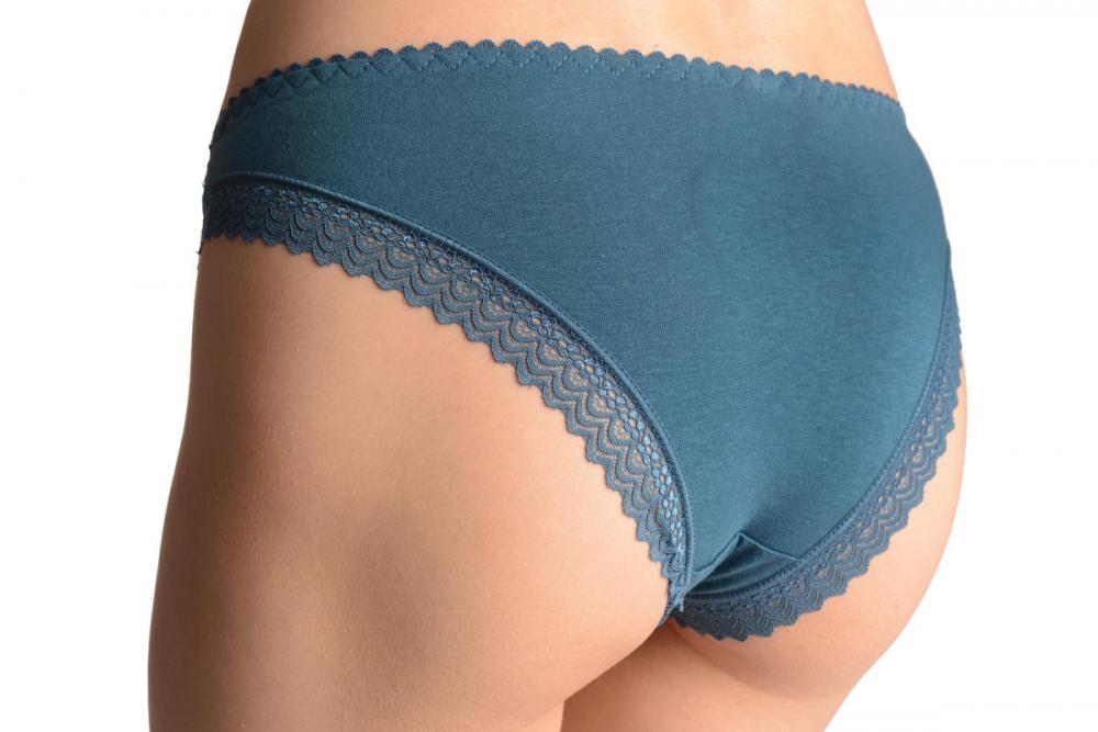Liss Kiss Floral Lace With Crystals & Soft Cotton Back Prussian Blue High Leg Brazilian - Knickers