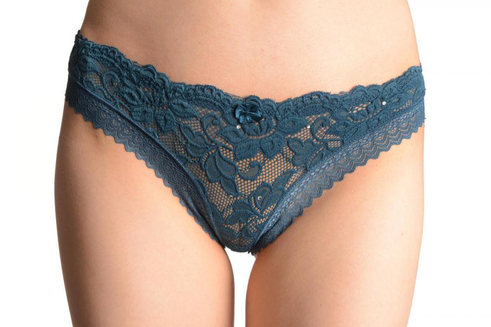 liss kiss Floral Lace With Crystals & Soft Cotton Back Prussian Blue High Leg Brazilian - Knickers