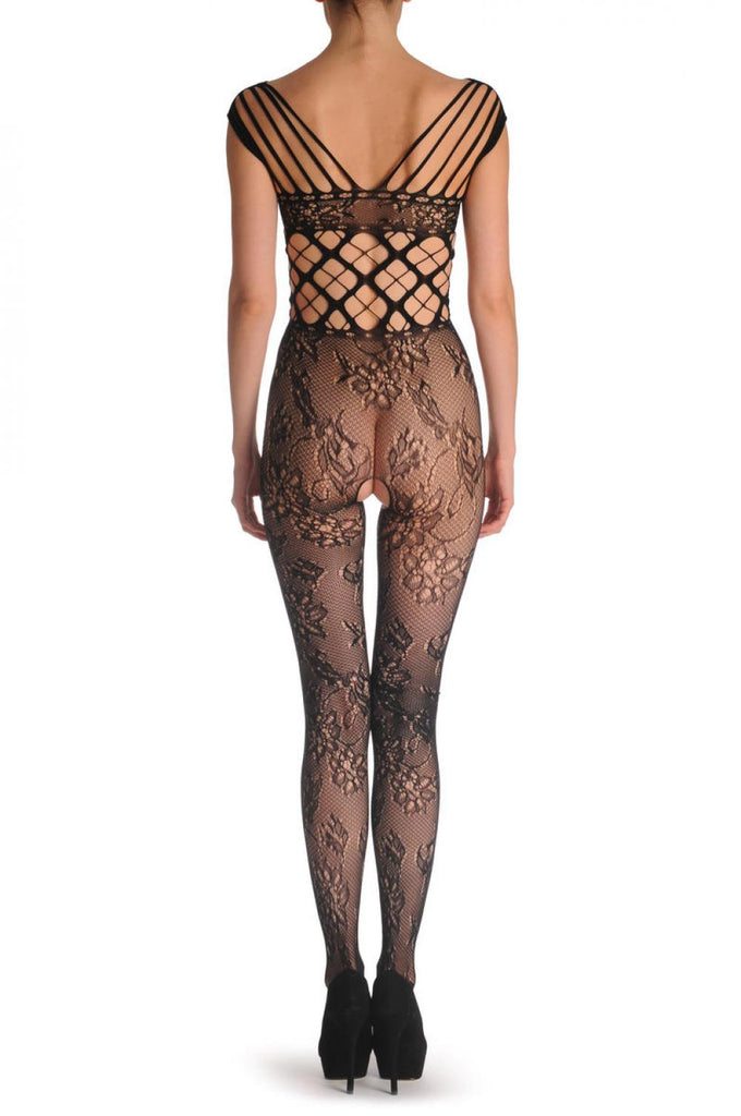 Liss Kiss Floral Lace With Large Mesh Corset And Multy Straps - Bodystocking