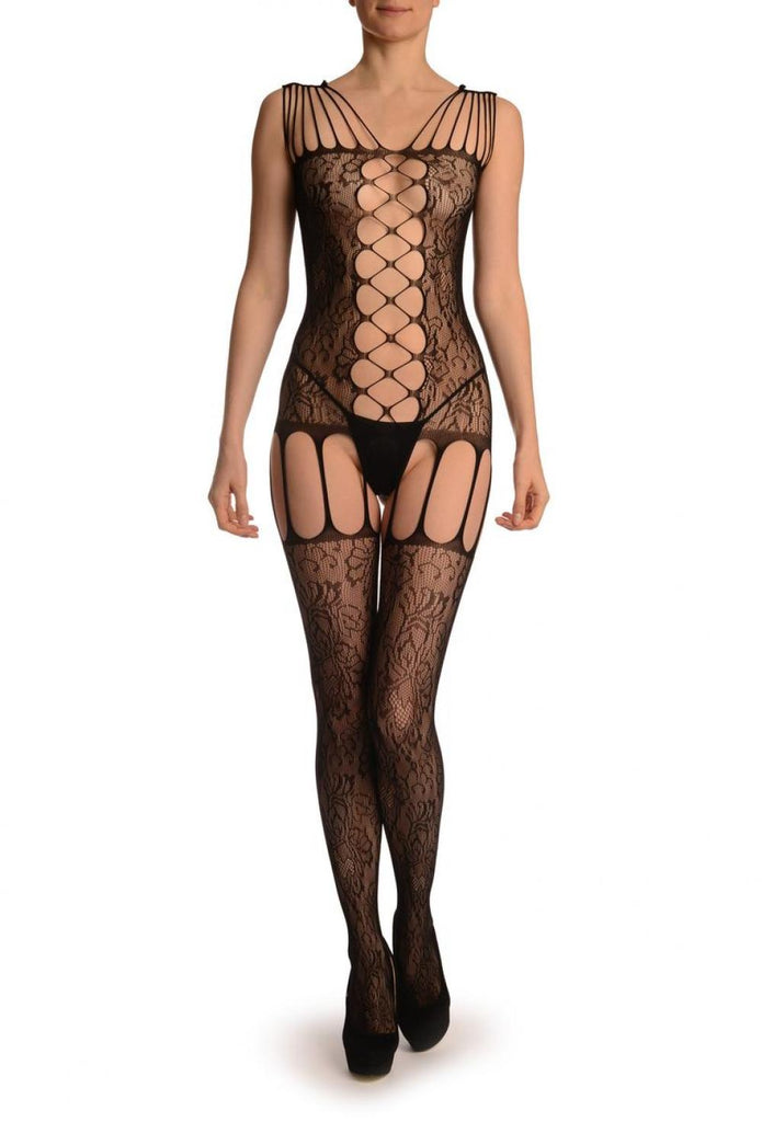 Liss Kiss Floral Lace With Multi Straps & Key Holes Front & Back - Bodystocking