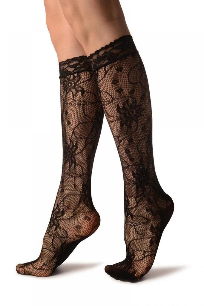 Liss Kiss Flowers With Black Pearls Black Lace Knee High Socks - Socks