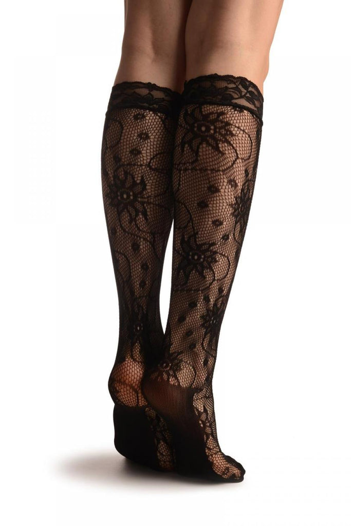 Liss Kiss Flowers With Black Pearls Black Lace Knee High Socks - Socks