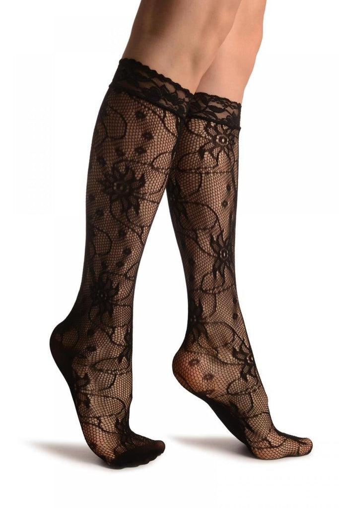 liss kiss Flowers With Black Pearls Black Lace Knee High Socks - Socks