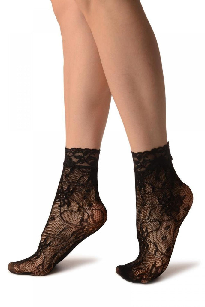 Liss Kiss Flowers With Black Pearls Black Lace Socks Ankle High - Socks