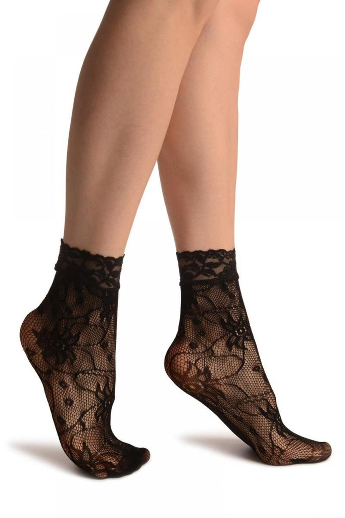 liss kiss Flowers With Black Pearls Black Lace Socks Ankle High - Socks