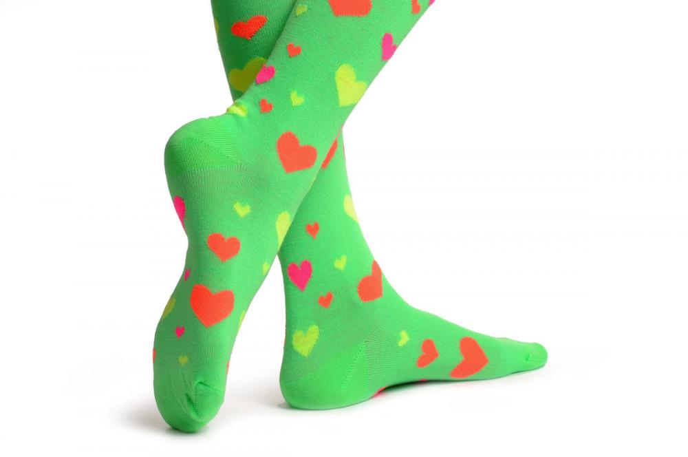 Liss Kiss Fluorescent Green With Orange Yellow & Pink Hearts - Over The Knee Socks