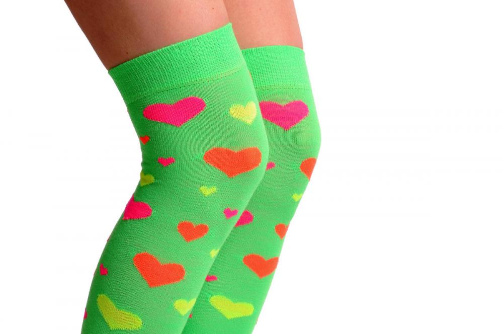 Liss Kiss Fluorescent Green With Orange Yellow & Pink Hearts - Over The Knee Socks