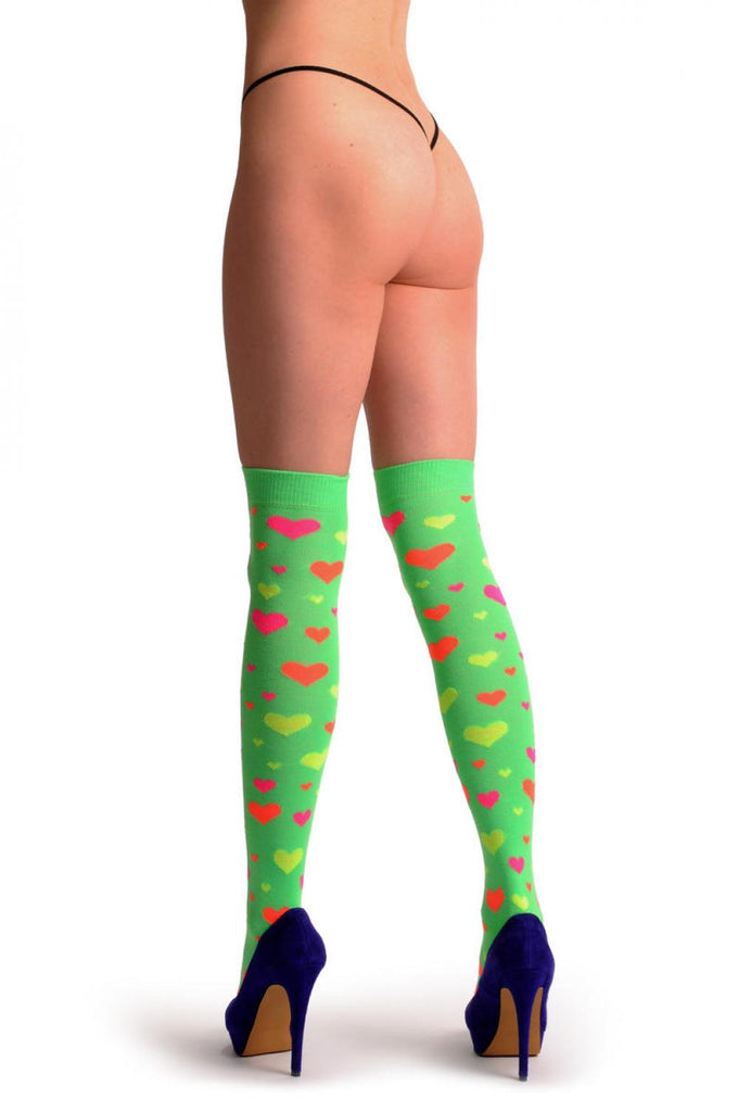 liss kiss Fluorescent Green With Orange Yellow & Pink Hearts - Over The Knee Socks