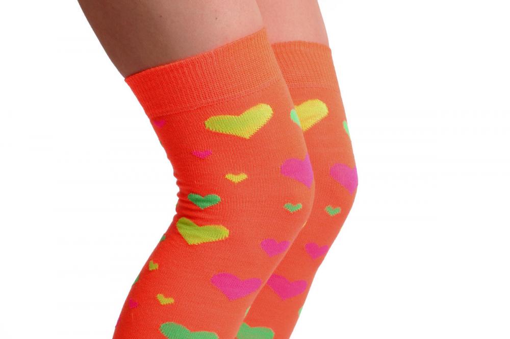 Liss Kiss Fluorescent Orange With Yellow Green & Pink Hearts - Over The Knee Socks