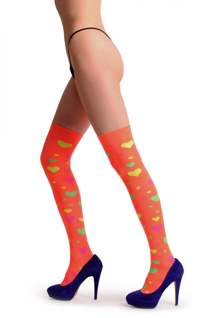liss kiss Fluorescent Orange With Yellow Green & Pink Hearts - Over The Knee Socks