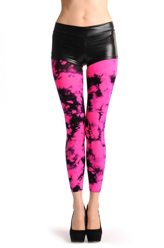 Liss Kiss Fluorescent Pink & Black Colour Splash Footless - Tights Footless