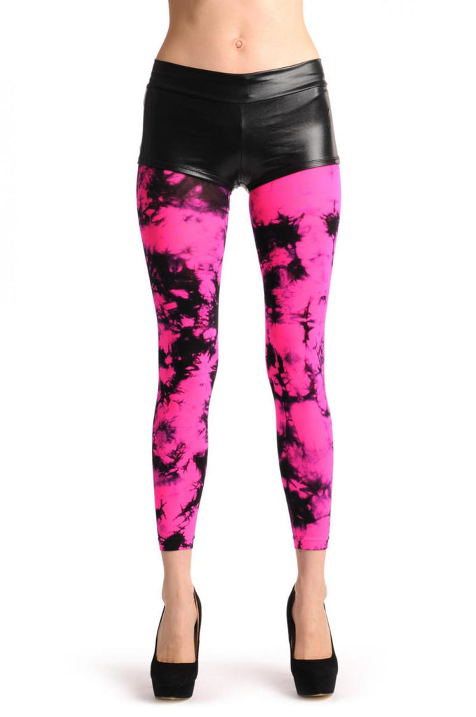 Liss Kiss Fluorescent Pink & Black Colour Splash Footless - Tights Footless