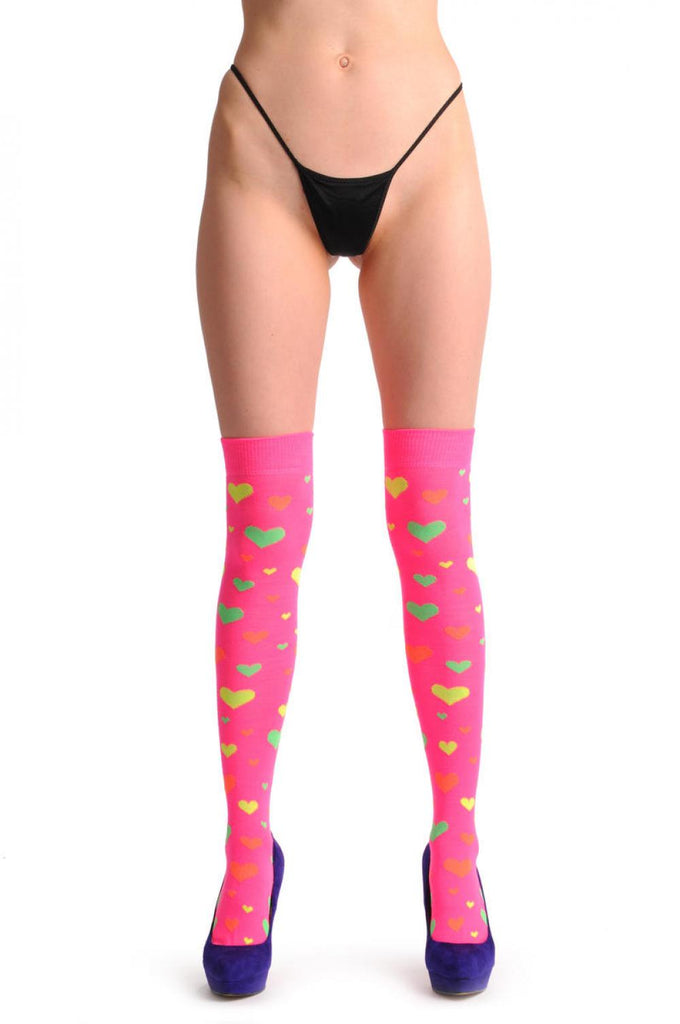Liss Kiss Fluorescent Pink With Yellow Green & Orange Hearts - Over The Knee Socks