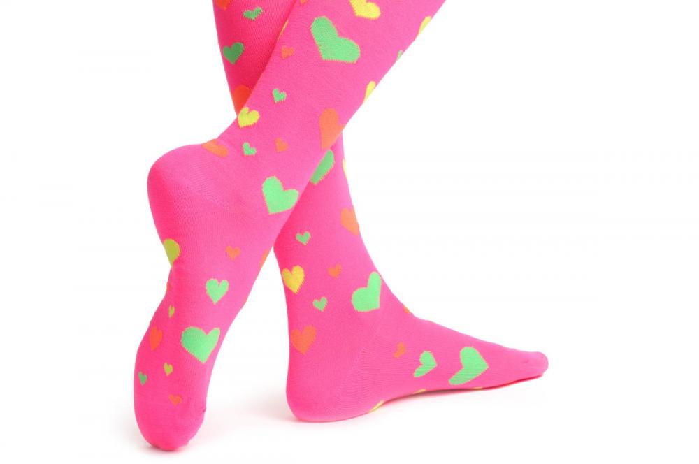 Liss Kiss Fluorescent Pink With Yellow Green & Orange Hearts - Over The Knee Socks