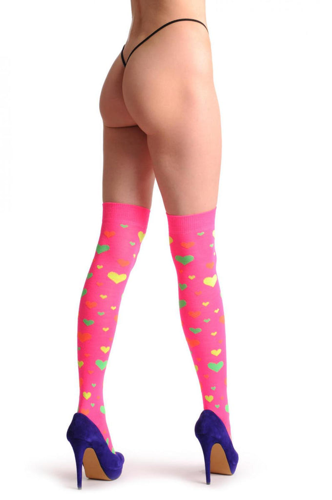 liss kiss Fluorescent Pink With Yellow Green & Orange Hearts - Over The Knee Socks