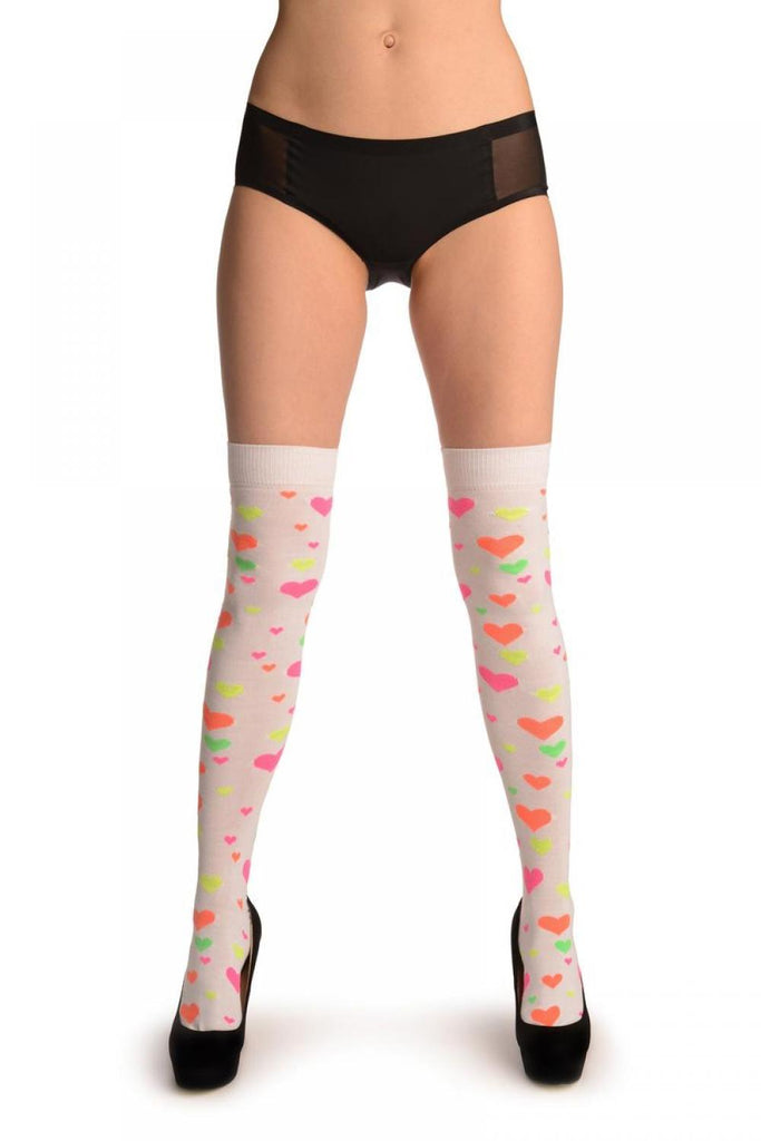 Liss Kiss Fluorescent Yellow Orange Pink & Green Hearts On White - Over The Knee Socks