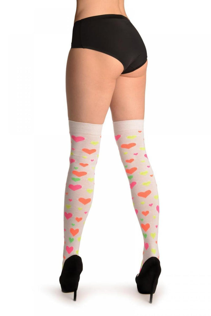 Liss Kiss Fluorescent Yellow Orange Pink & Green Hearts On White - Over The Knee Socks