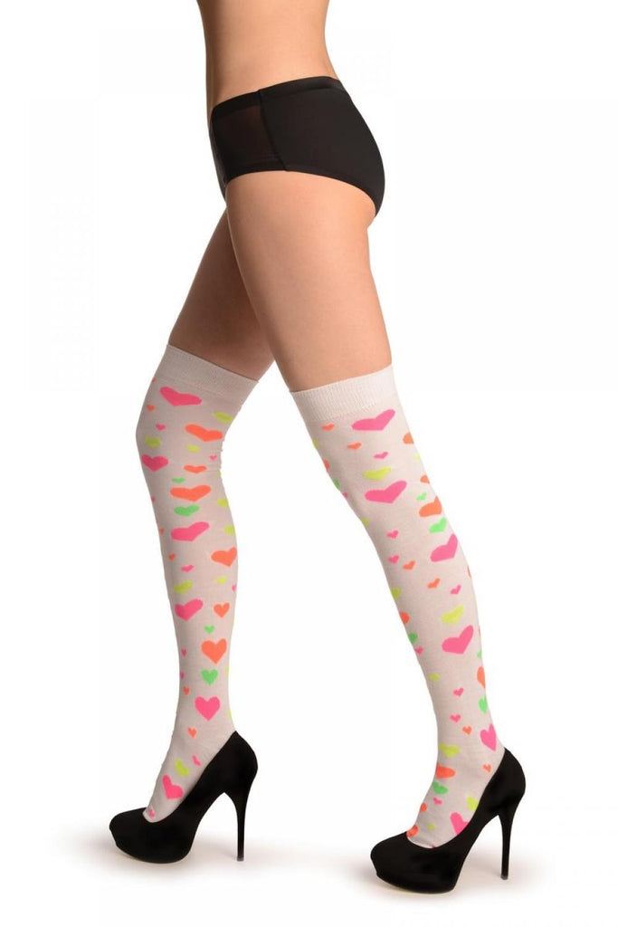 Liss Kiss Fluorescent Yellow Orange Pink & Green Hearts On White - Over The Knee Socks