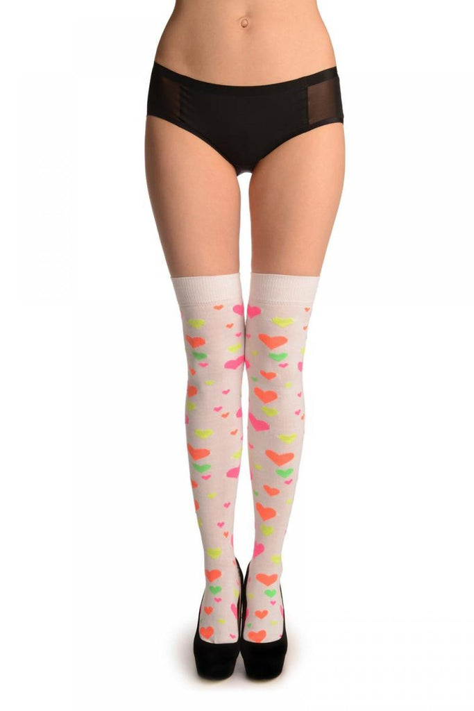 liss kiss Fluorescent Yellow Orange Pink & Green Hearts On White - Over The Knee Socks